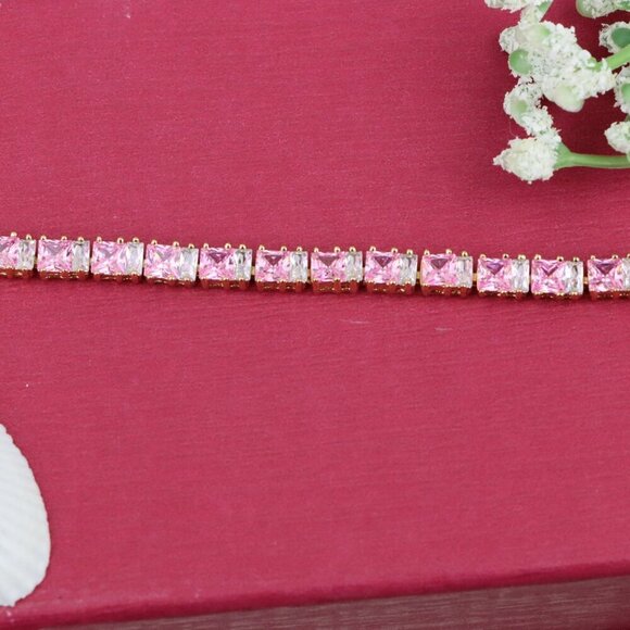"Rose Gold Tennis Bracelet with Pink Square CZ Stones, Elegant Design, XPBL0740 - Picture 10 of 12